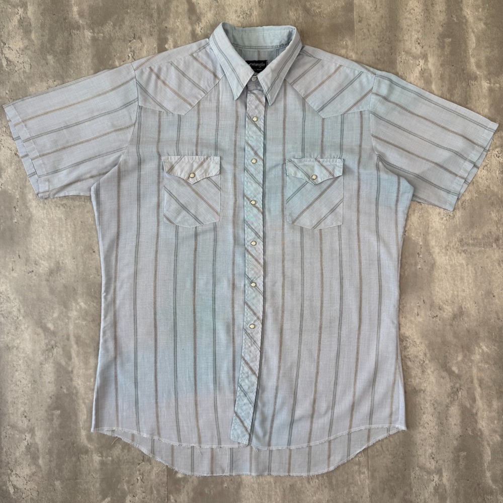 Vintage Wrangler Western Shirt Mens XL Tall Blue Stripe Pearl Snap Cowboy 70s